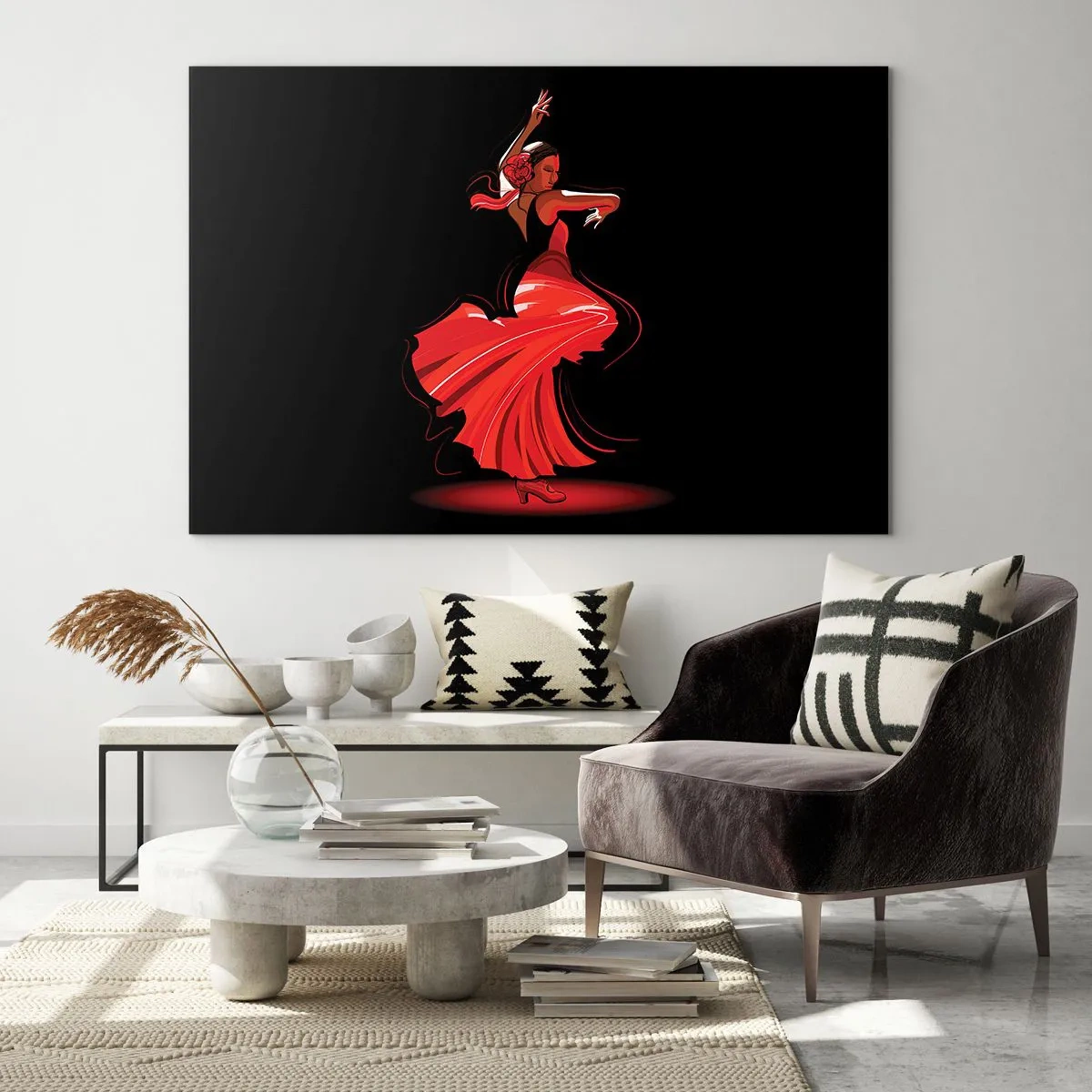 Glasbild - Bild auf glas - Flamenco-Tänzerin in einem roten Kleid vor schwarzem Hintergrund - 120x80cm - Der feurige Geist des Flamenco - Moderne Wanddekoration für Wohnzimmer und Schlafzimmer ARTTOR