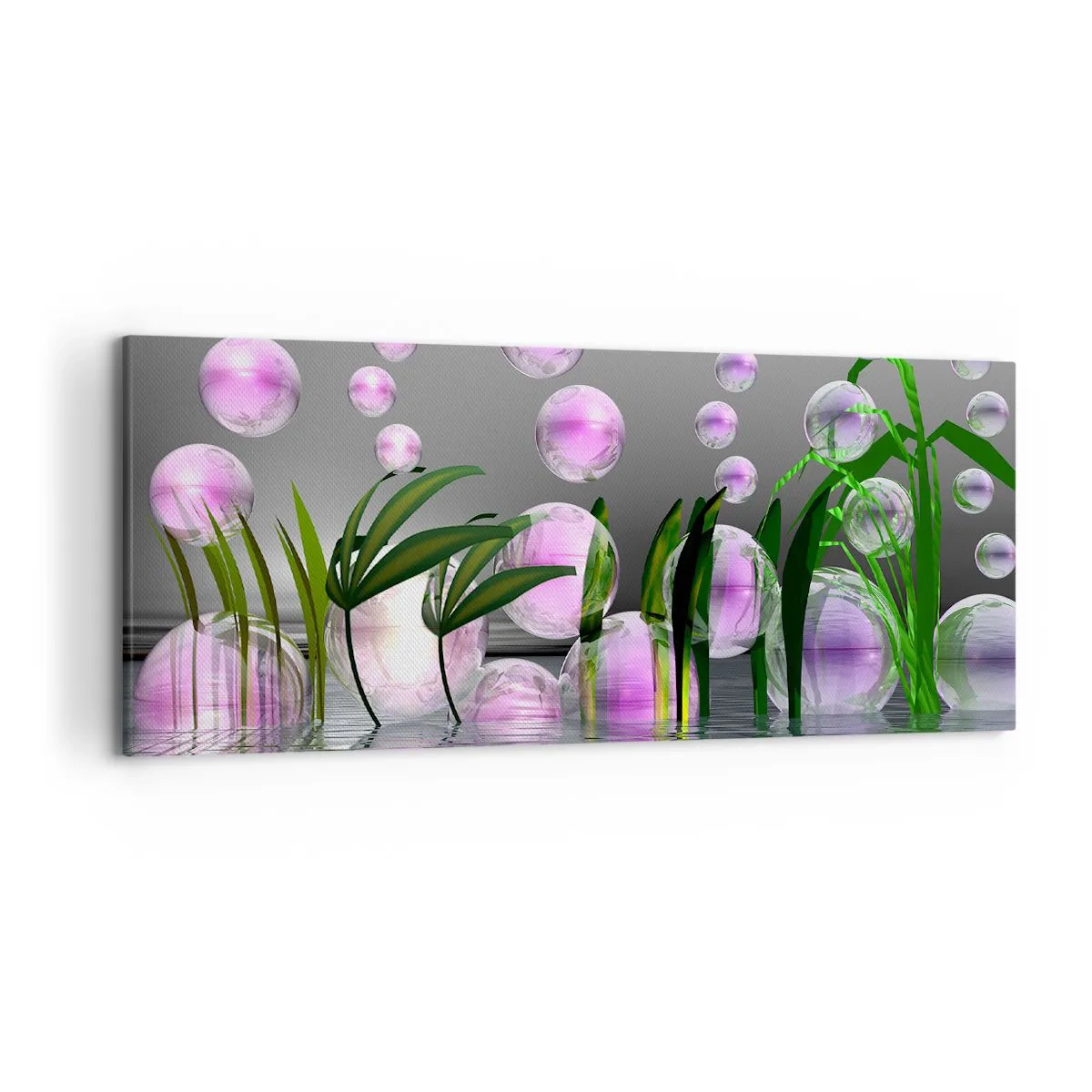 Bild auf Leinwand - Leinwandbild - Grüne Blätter und rosa Blasen über dem Wasser auf grauem Hintergrund - 120x50cm - Eine reflektierende Komposition aus Leichtigkeit und Leben - Moderne Wanddekoration für Wohnzimmer und Schlafzimmer ARTTOR