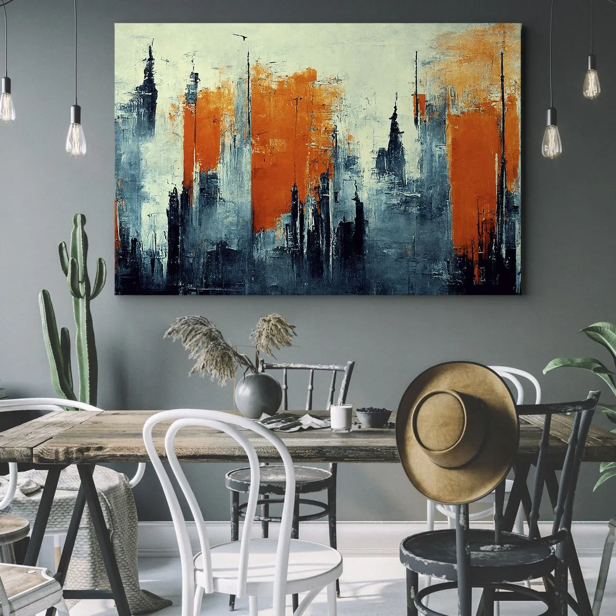 Bild auf Leinwand - Leinwandbild - Abstrakte Stadtlandschaft in Orange- und Blautönen - 100x70cm - Moderne Landschaft - Moderne Wanddekoration für Wohnzimmer und Schlafzimmer ARTTOR