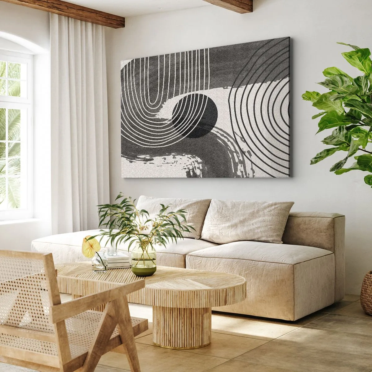Bild auf Leinwand - Leinwandbild - Geometrische Linien und Ovale in monochromen Farbtönen - 100x70cm - Oval gewinnt - Moderne Wanddekoration für Wohnzimmer und Schlafzimmer ARTTOR