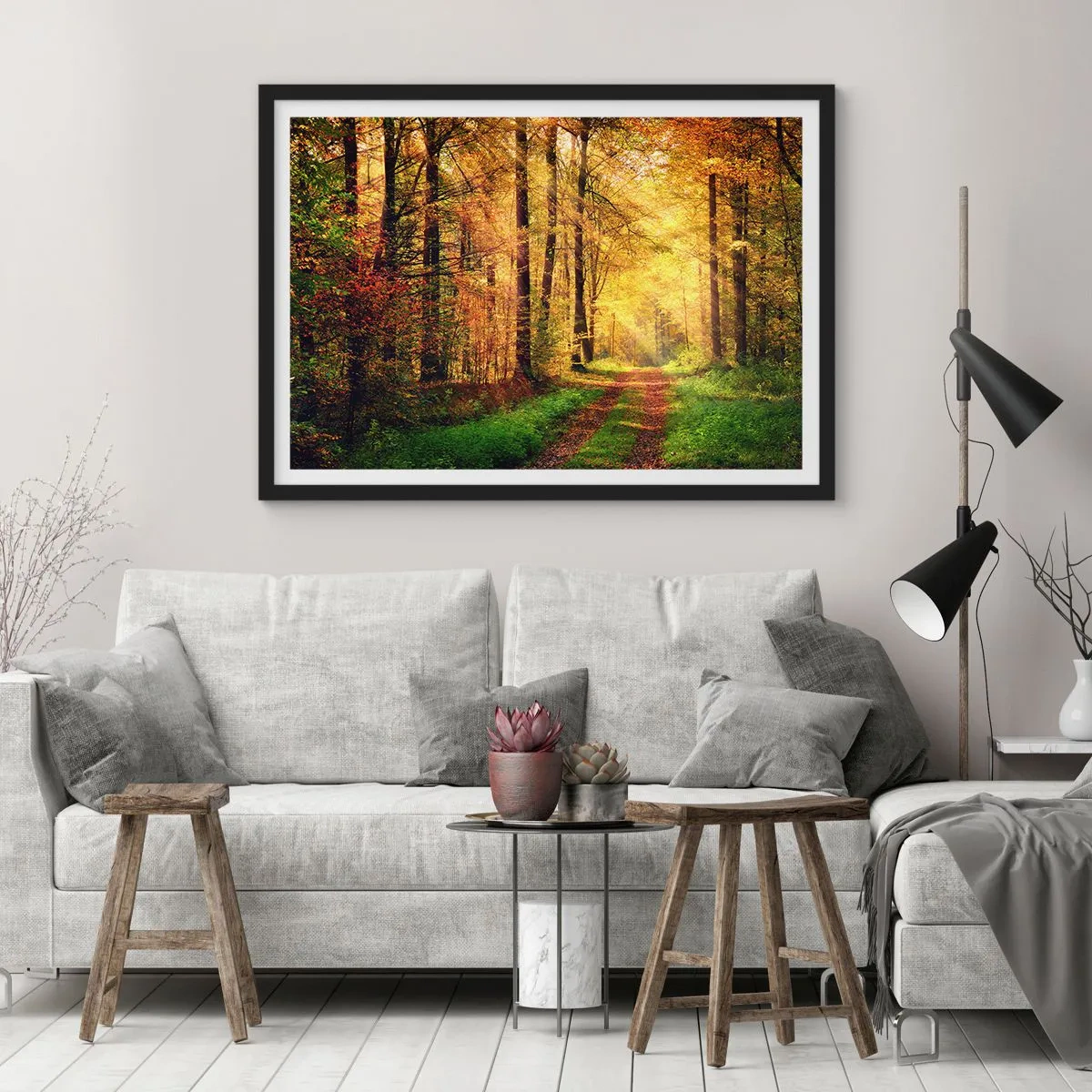 Poster in einem schwarzem Rahmen - Waldgoldene Stille - 40x30 cm