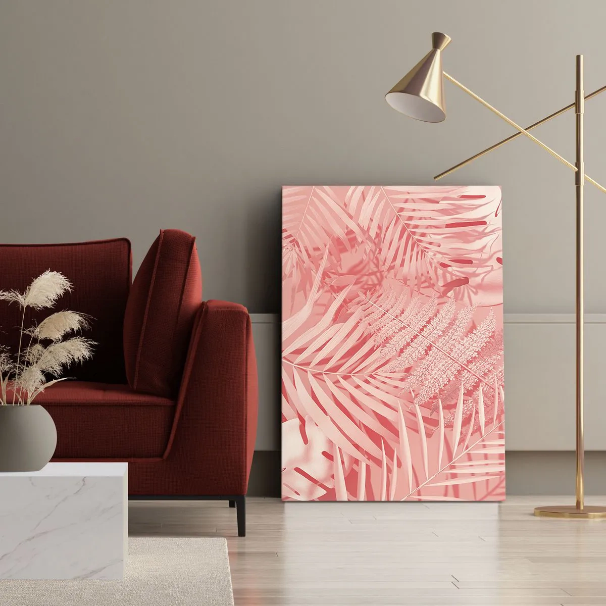 Bild auf Leinwand - Leinwandbild - Rosa tropische Blätter in einem zarten und minimalistischen Stil - 50x70cm - Rosa Konzept - Moderne Wanddekoration für Wohnzimmer und Schlafzimmer ARTTOR