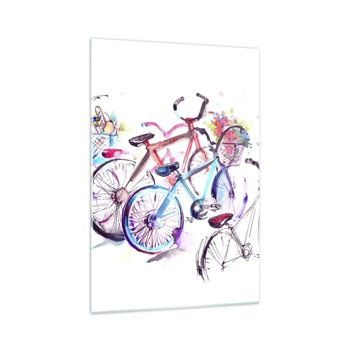 Glasbild - Bild auf glas - Bunte Fahrräder im künstlerischen Aquarell-Stil - 70x100cm - Kongress des Antimoto-Clubs - Moderne Wanddekoration für Wohnzimmer und Schlafzimmer ARTTOR