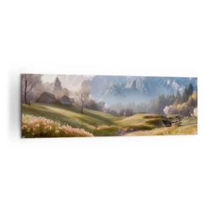 Bild auf Leinwand - Leinwandbild - Ein Bergtal mit Wiesen, Hütten und Blick auf die Gipfel - 160x50cm - Idyllisches Tal - Moderne Wanddekoration für Wohnzimmer und Schlafzimmer ARTTOR