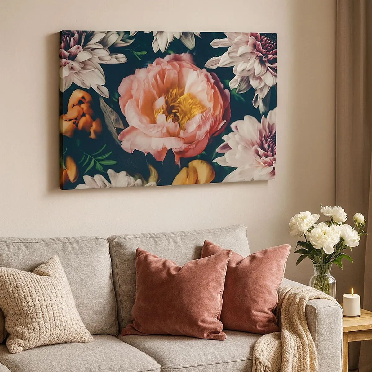 Bild auf Leinwand - Leinwandbild - Blumenarrangement mit Pfingstrosen und Chrysanthemen auf dunklem Hintergrund - 70x50cm - Mit barocker Pracht - Moderne Wanddekoration für Wohnzimmer und Schlafzimmer ARTTOR