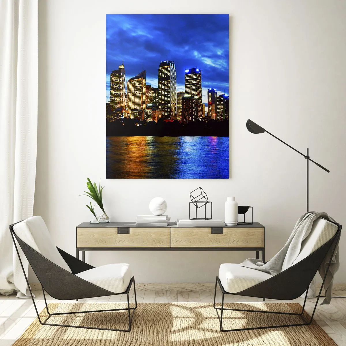 Glasbild - Bild auf glas - Panorama der nächtlichen Stadt, die sich im Wasser spiegelt - 50x70cm - Eine Nacht der Lichter und Farben - Moderne Wanddekoration für Wohnzimmer und Schlafzimmer ARTTOR