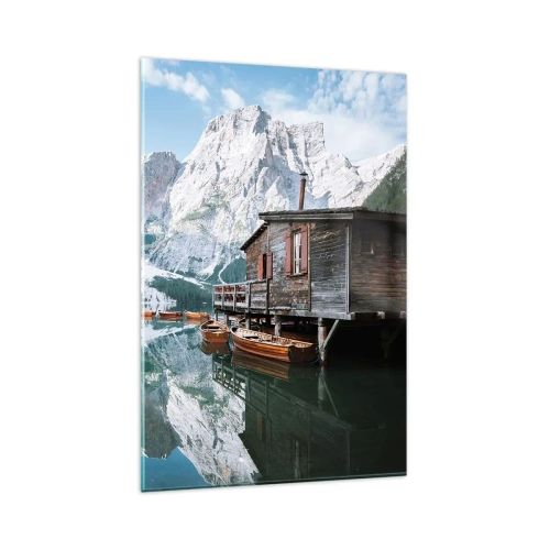 Glasbild - Bild auf glas - Ein Holzhaus an einem ruhigen Bergsee - 80x120cm - Kristallklarer Bergmorgen - Moderne Wanddekoration für Wohnzimmer und Schlafzimmer ARTTOR