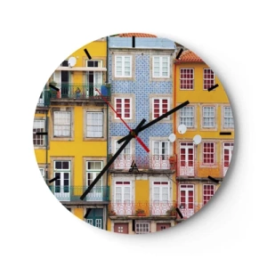 Wanduhr - Glasuhr - Bunte Fassaden von Mietshäusern mit Balkonen und Fenstern - 30x30cm - Farben der Altstadt - Moderne Wanddekoration für Wohnzimmer, Küche und Schlafzimmer ARTTOR