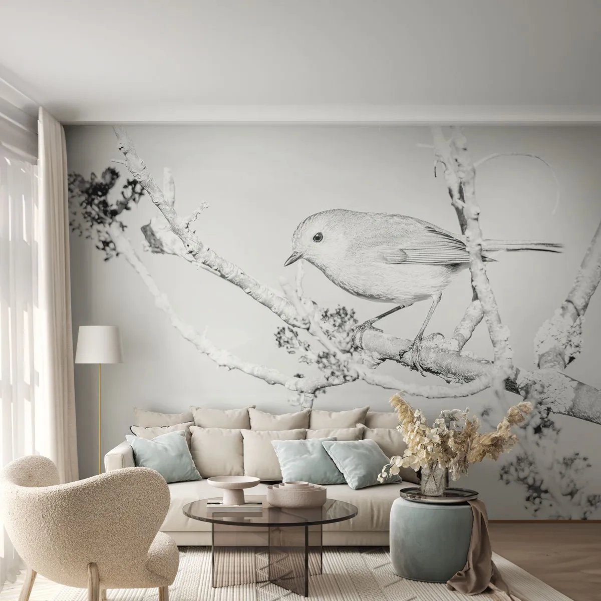 Fototapete Premium Sand - Wintermorgen - Hell, Vogel, Natur - 400x280 cm