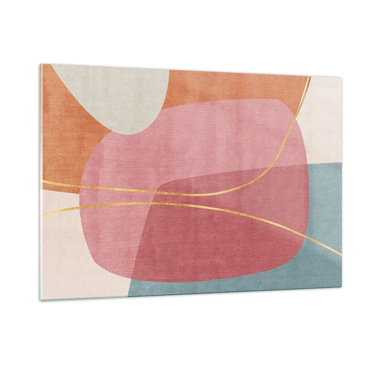 Glasbild - Bild auf glas - Pastellfarbene Formen mit sich kreuzenden goldenen Linien - 120x80cm - Pastellkomposition mit Goldfaden - Moderne Wanddekoration für Wohnzimmer und Schlafzimmer ARTTOR