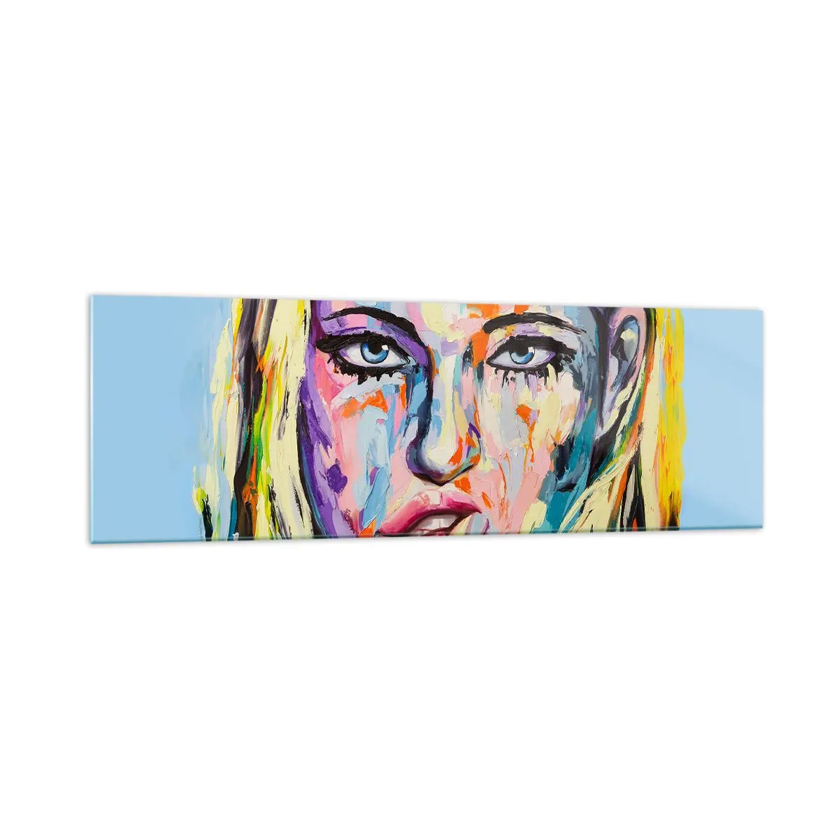 Glasbild - Bild auf glas - Farbenfrohes Porträt einer Frau im abstrakten Stil - 160x50cm - Schau ihr direkt in die Augen - Moderne Wanddekoration für Wohnzimmer und Schlafzimmer ARTTOR