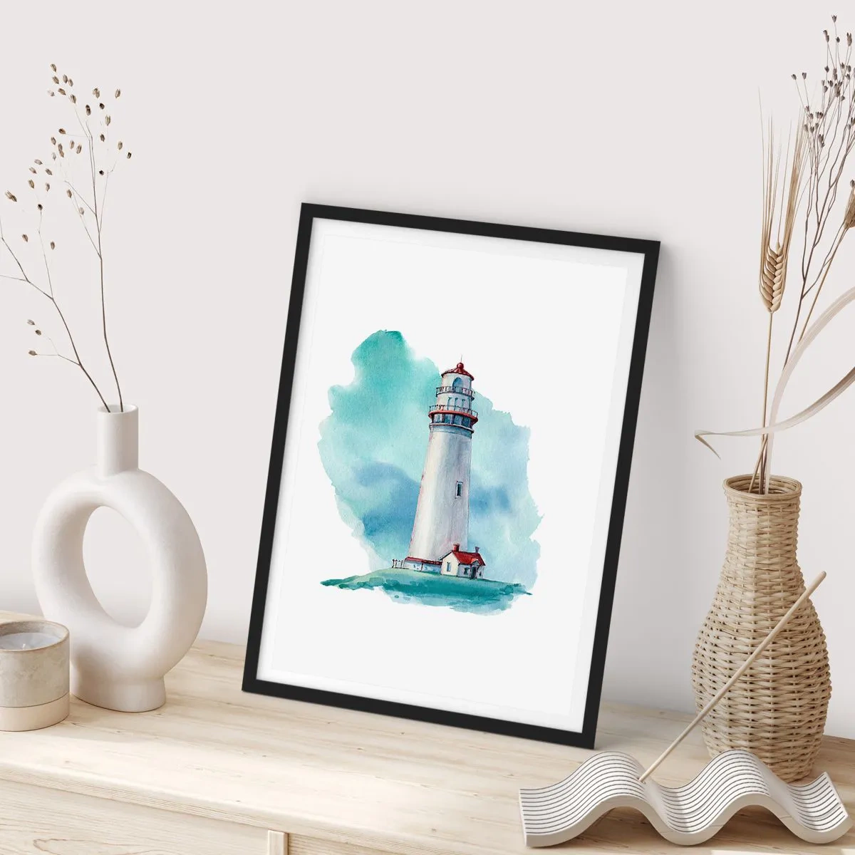 Poster in einem schwarzem Rahmen - Eine malerische Illustration eines Leuchtturms, umgeben von blauem Himmel. - 50x70cm - Sanfte Schwester vom Blau - Moderne Wanddekoration für Wohnzimmer und Schlafzimmer ARTTOR