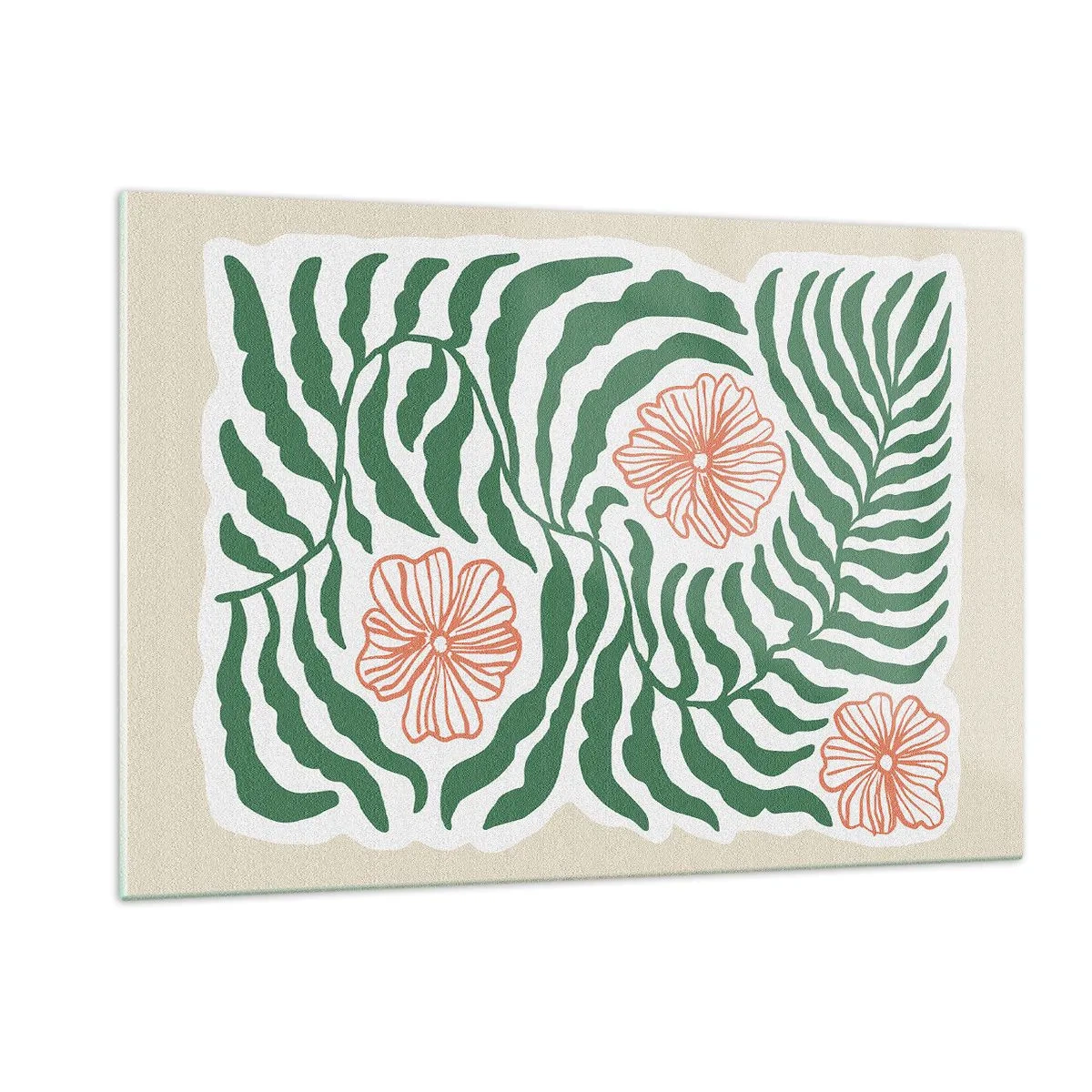 Glasbild - Bild auf glas - Grüne Blätter und rote Blüten in grafischer Anordnung - 120x80cm - Aufgeblüht in Grün - Moderne Wanddekoration für Wohnzimmer und Schlafzimmer ARTTOR