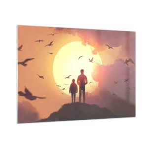 Glasbild - Bild auf glas - Figuren eines Vaters und eines Sohnes, die vor dem Hintergrund der untergehenden Sonne und fliegender Vögel stehen - 100x70cm - Von Angesicht zu Angesicht mit der Sonne - Moderne Wanddekoration für Wohnzimmer und Schlafzimmer AR