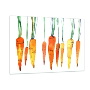 Glasbild - Bild auf glas - Aquarell-Karotten in verschiedenen Orangetönen mit grünen Stielen - 120x80cm - Die Schönheit des Gewöhnlichen - Moderne Wanddekoration für Wohnzimmer und Schlafzimmer ARTTOR