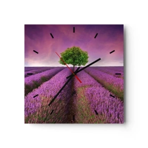 Wanduhr - Glasuhr - Ein Lavendelfeld mit einem einsamen Baum und einem violetten Himmel - 30x30cm - Auf Lavendelfeldern - Moderne Wanddekoration für Wohnzimmer und Schlafzimmer ARTTOR