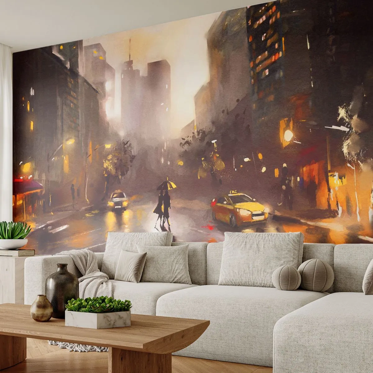 Fototapete Premium Sand - Eine verregnete Abendstadtlandschaft im malerischen Stil - 100x70cm - Im Licht von New York - Moderne Wanddekoration für Wohnzimmer und Schlafzimmer ARTTOR