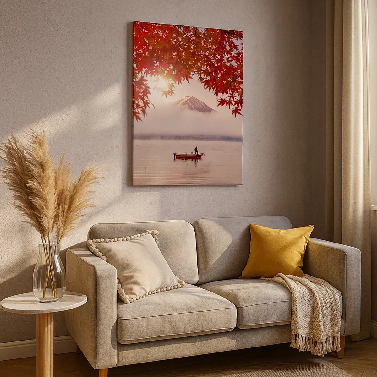 Bild auf Leinwand - Leinwandbild - Ein Boot auf einem See, umgeben von roten Ahornblättern - 50x70cm - Im japanischen Klima - Moderne Wanddekoration für Wohnzimmer und Schlafzimmer ARTTOR
