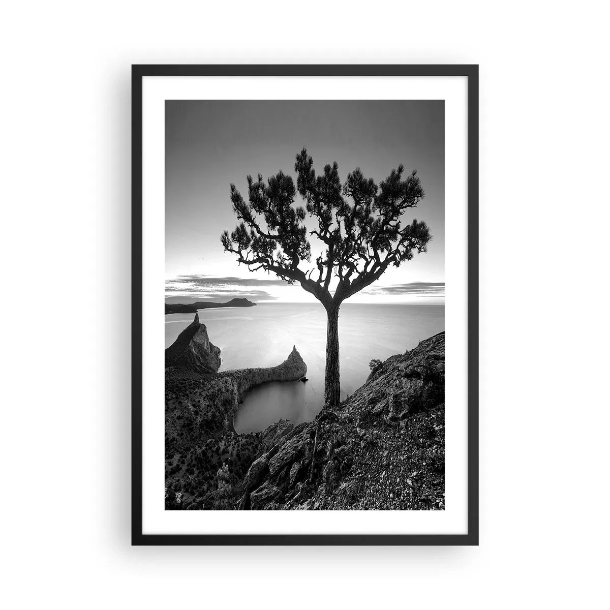 Poster in einem schwarzem Rahmen - Schwarz-weiße Landschaft mit einem einsamen Baum über einer Klippe - 50x70cm - Stille bis zum Horizont - Moderne Wanddekoration für Wohnzimmer und Schlafzimmer ARTTOR