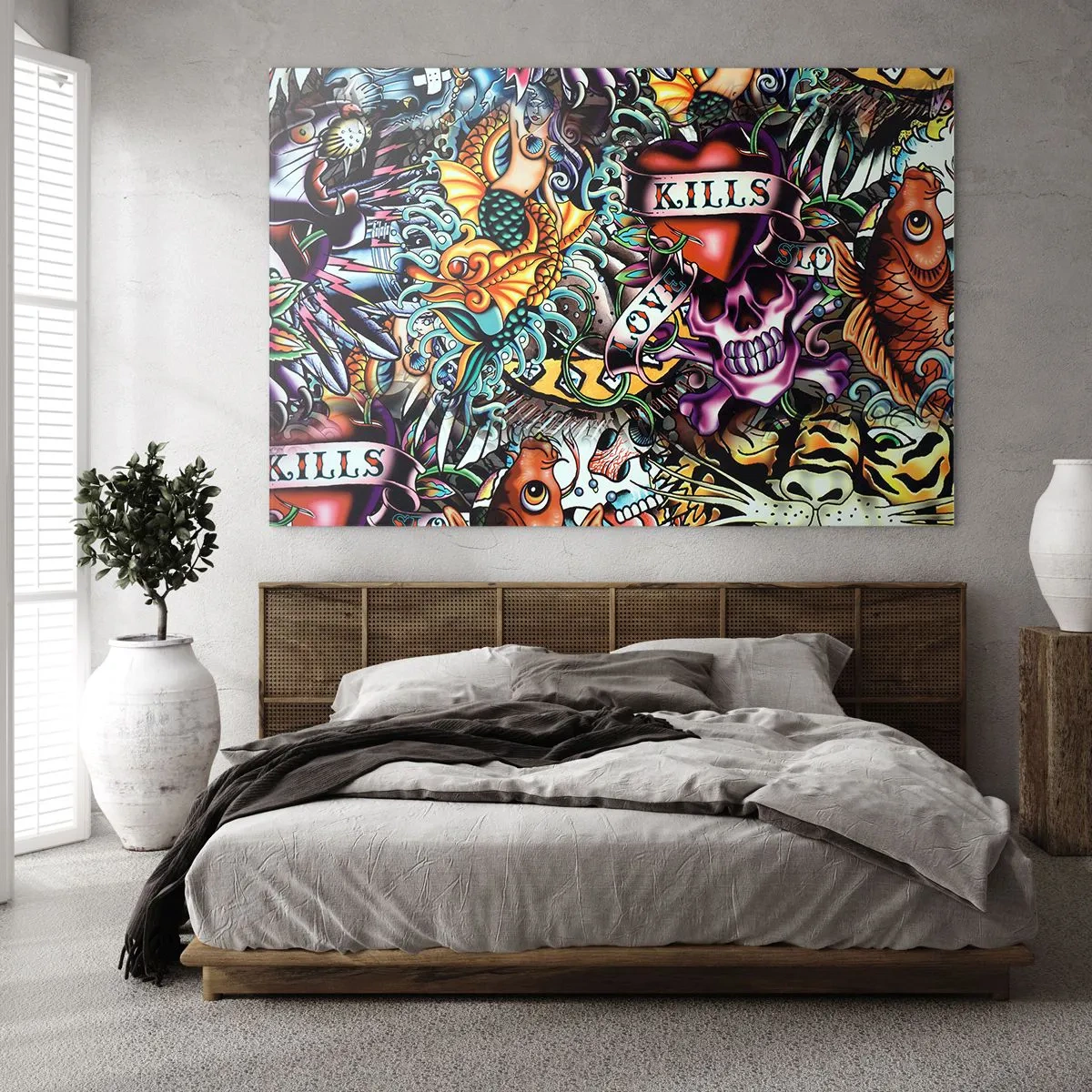 Glasbild - Bild auf glas - Eine farbenfrohe Komposition aus Mustern, inspiriert von der Tattoo-Kunst - 70x50cm - Der Traum des Tätowierers - Moderne Wanddekoration für Wohnzimmer und Schlafzimmer ARTTOR