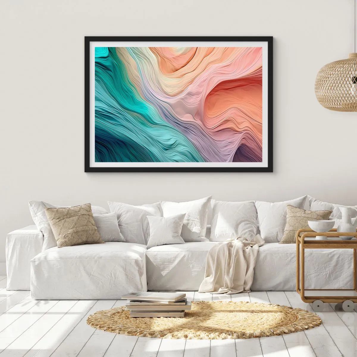 Poster in einem schwarzem Rahmen - Abstrakte Wellen in Pastell- und Regenbogenfarben - 100x70cm - Regenbogenwelle - Moderne Wanddekoration für Wohnzimmer und Schlafzimmer ARTTOR