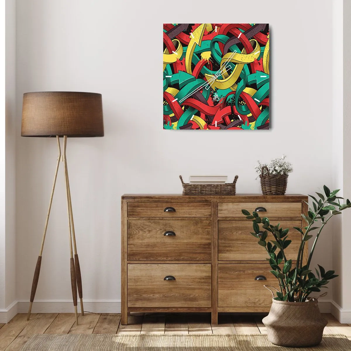Wanduhr - Glasuhr - Abstrakte Pfeile in leuchtenden Farben schaffen Chaos - 30x30cm - Welcher Weg zum Ziel? - Moderne Wanddekoration für Wohnzimmer und Schlafzimmer ARTTOR