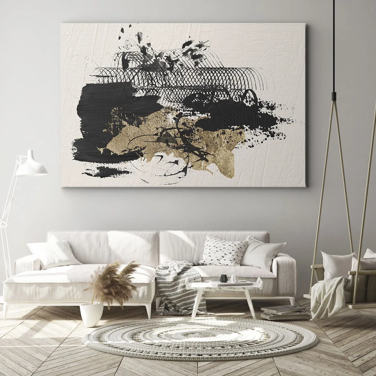 Bild auf Leinwand - Leinwandbild - Ein abstraktes Gemälde in Schwarz und Gold mit dynamischen Linien und Strukturen. - 120x80cm - Komposition mit Leidenschaft - Moderne Wanddekoration für Wohnzimmer und Schlafzimmer ARTTOR