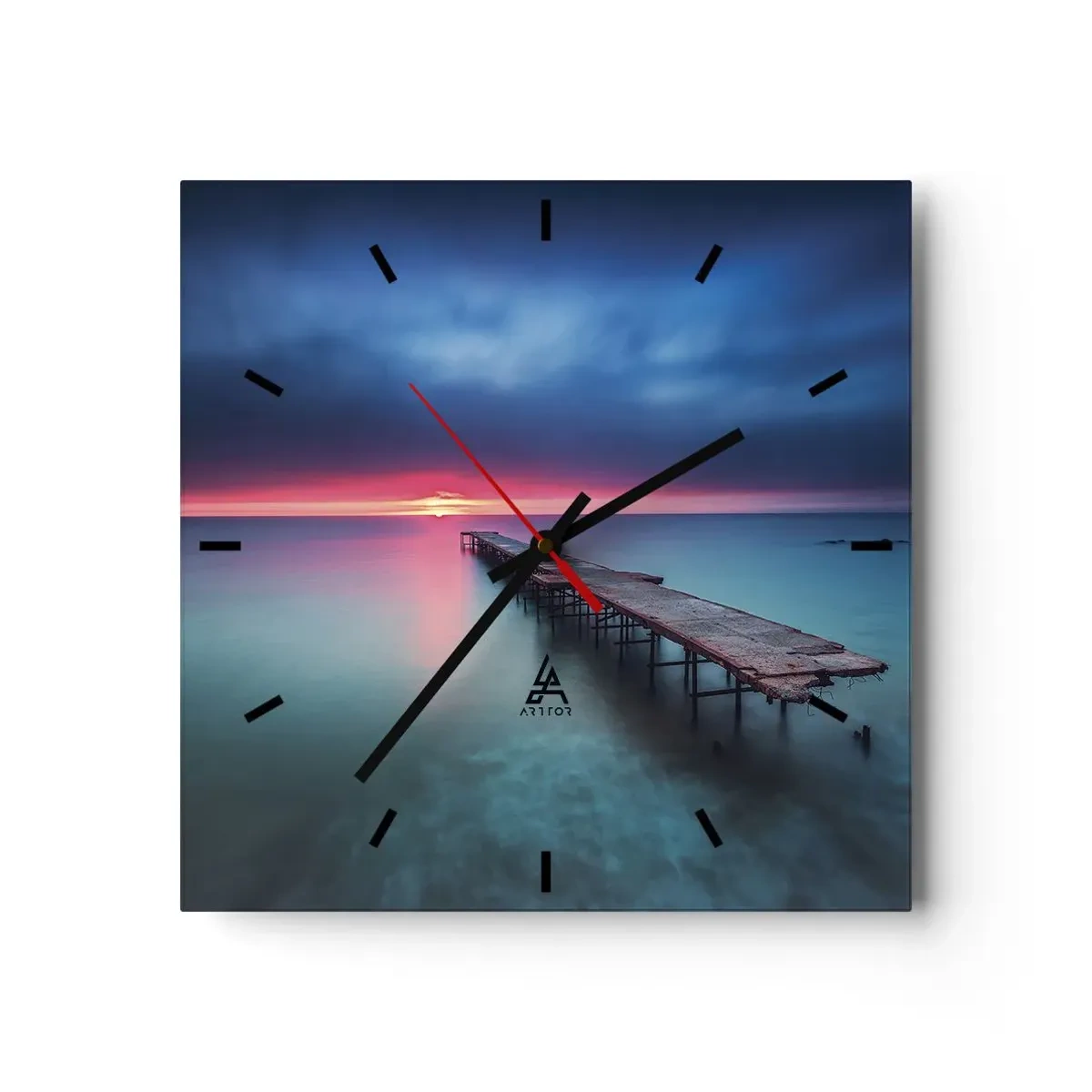 Wanduhr - Glasuhr - Ein Holzsteg, der bei Sonnenuntergang direkt aufs Meer hinausführt - 30x30cm - Zwischen Himmel und Erde - Moderne Wanddekoration für Wohnzimmer und Schlafzimmer ARTTOR