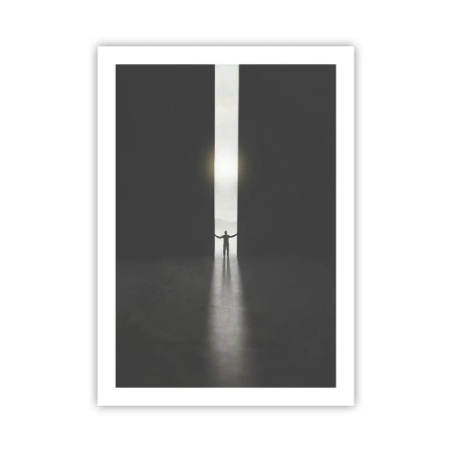 Poster - Ein Mann steht im Licht eines Risses in einer dunklen Umgebung - 50x70cm - Ein Schritt in eine strahlende Zukunft - Moderne Wanddekoration für Wohnzimmer und Schlafzimmer ARTTOR