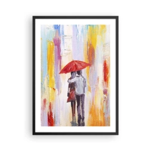Poster in einem schwarzem Rahmen - Eine romantische Szene mit einem Paar unter einem roten Regenschirm vor der Kulisse einer Stadt. - 50x70cm - Lass es weiter regnen - Moderne Wanddekoration für Wohnzimmer und Schlafzimmer ARTTOR