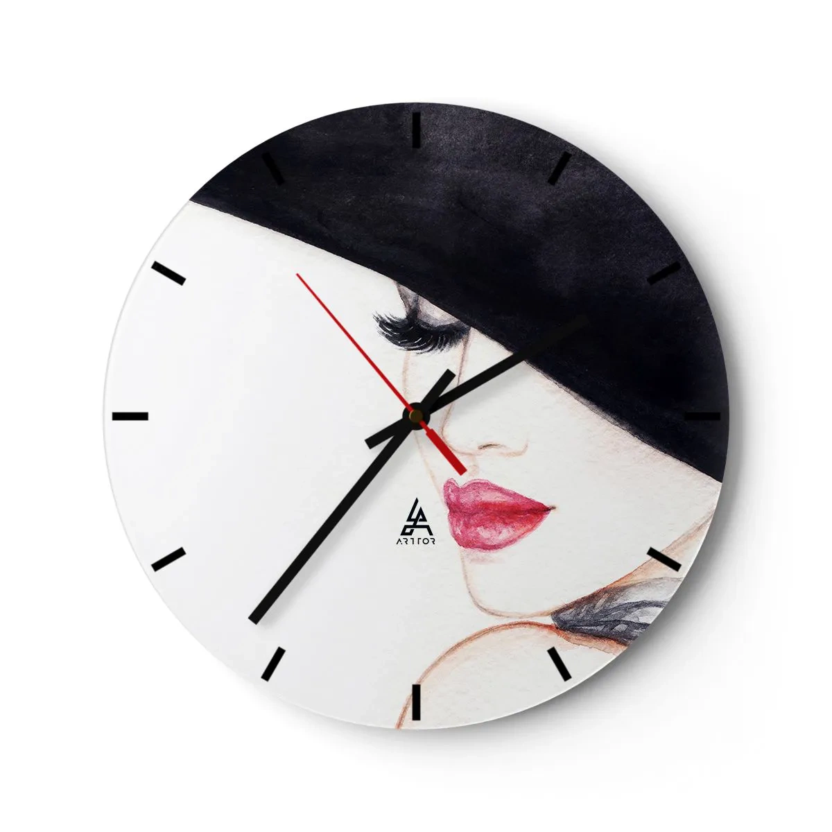 Wanduhr - Glasuhr - Porträt einer Frau mit roten Lippen - 30x30cm - Eleganz und Sinnlichkeit - Moderne Wanddekoration für Wohnzimmer, Küche und Schlafzimmer ARTTOR
