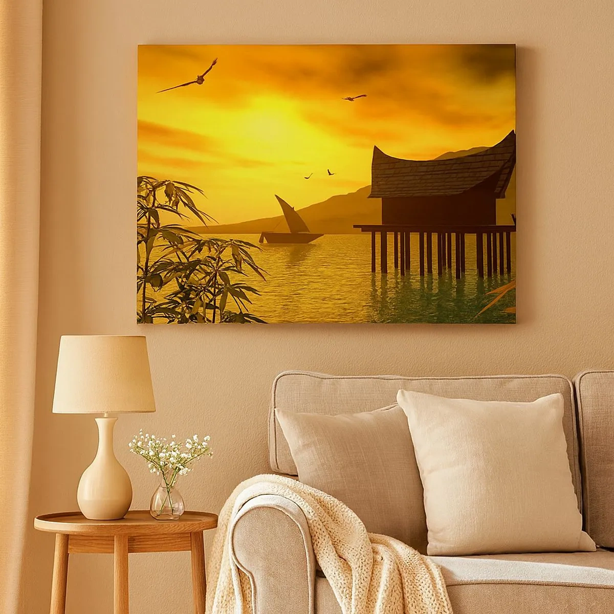 Bild auf Leinwand - Leinwandbild - Tropischer Sonnenuntergang über dem Wasser mit Holzhaus auf Stelzen. - 70x50cm - Der ersehnte Frieden - Moderne Wanddekoration für Wohnzimmer und Schlafzimmer ARTTOR