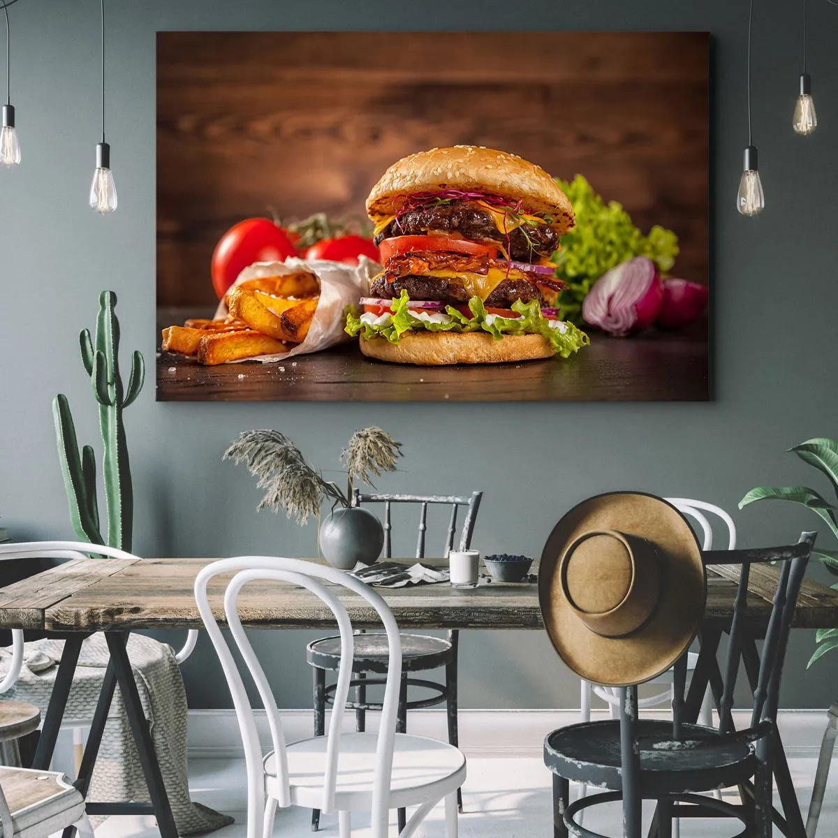 Bild auf Leinwand - Leinwandbild - Appetitlicher Burger mit Extras - 70x50cm - Die verbotene Frucht - Moderne Wanddekoration für Wohnzimmer und Schlafzimmer ARTTOR