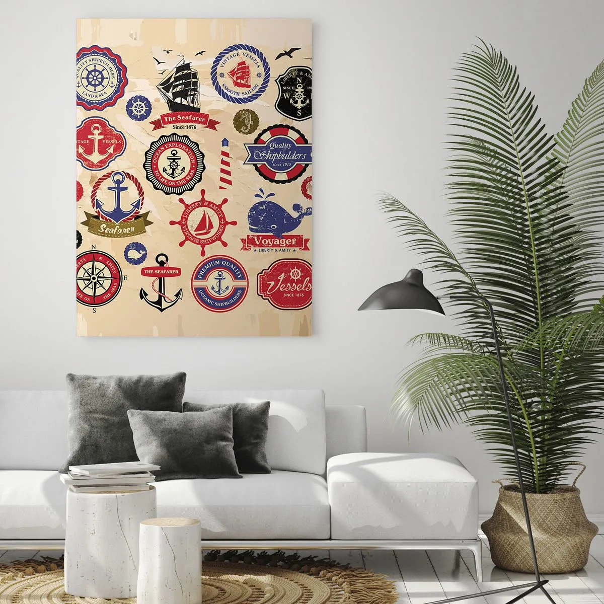 Glasbild - Bild auf glas - Nautische Embleme und Symbole auf beigem Hintergrund - 50x70cm - Segelbruderschaft - Moderne Wanddekoration für Wohnzimmer und Schlafzimmer ARTTOR