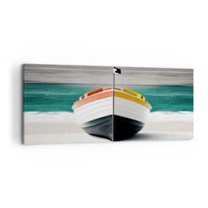 Bild auf Leinwand - Leinwandbild - Ein Boot am Strand mit türkisfarbenem Meer im Hintergrund - 120x50cm - An seinem Platz - Moderne Wanddekoration für Wohnzimmer und Schlafzimmer ARTTOR