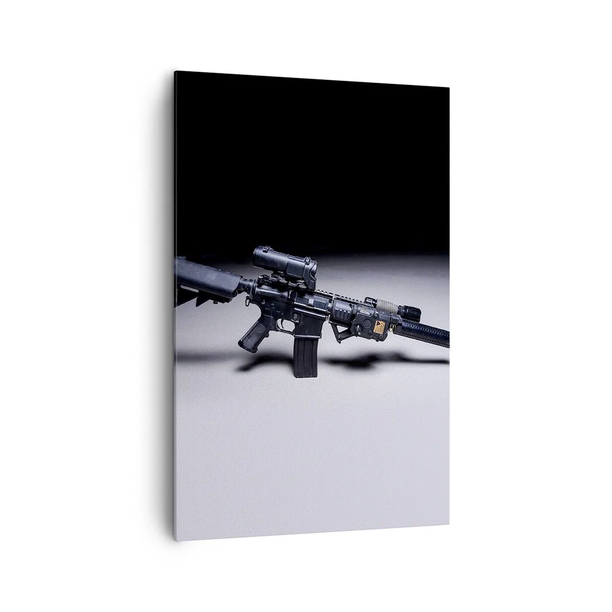 Bild auf Leinwand - Leinwandbild - Ein modernes Gewehr in Schwarz auf dunklem Hintergrund - 80x120cm - dunkler Ritter - Moderne Wanddekoration für Wohnzimmer und Schlafzimmer ARTTOR