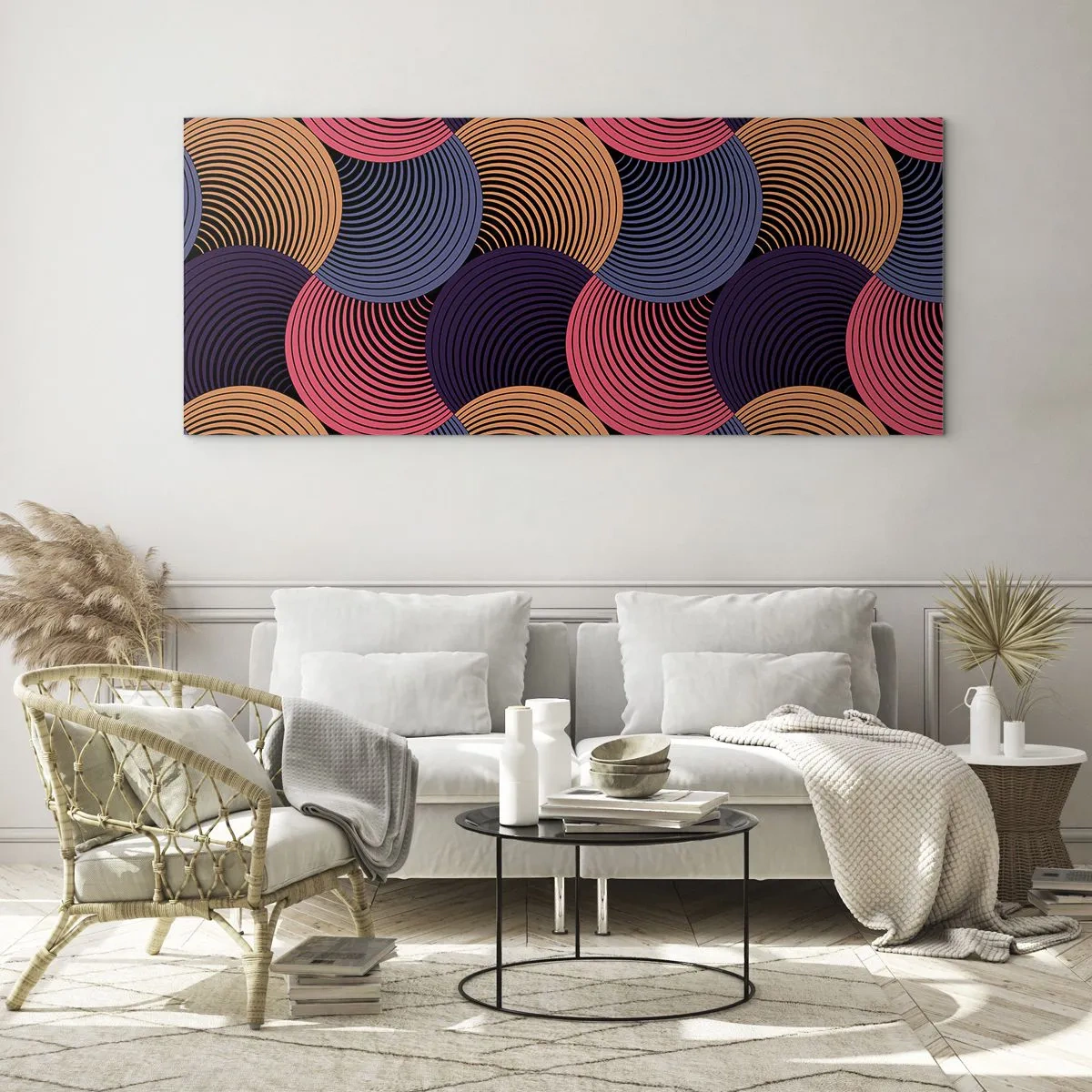 Glasbild - Bild auf glas - Geometrische Kreise in Rosa-, Lila- und Goldtönen - 120x50cm - Im kreisenden Rhythmus - Moderne Wanddekoration für Wohnzimmer und Schlafzimmer ARTTOR
