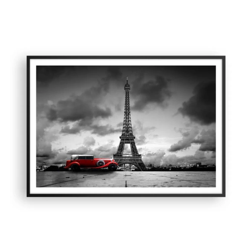 Poster in einem schwarzem Rahmen - Rotes Retro-Auto vor dem Eiffelturm in Schwarz und Weiß - 100x70cm - Vor nicht allzu langer Zeit in Paris - Moderne Wanddekoration für Wohnzimmer und Schlafzimmer ARTTOR