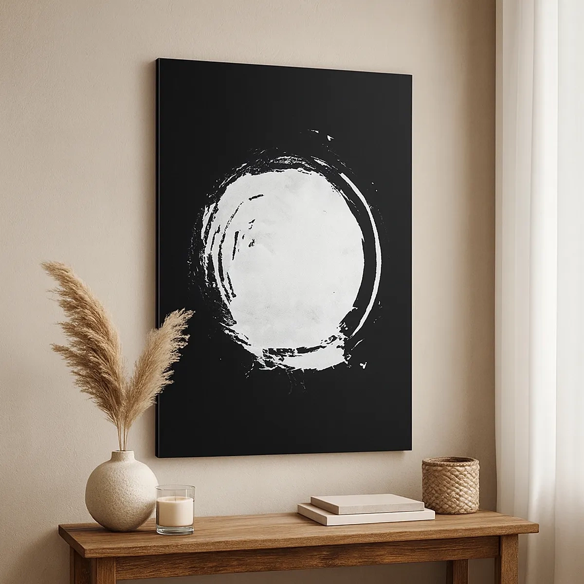 Bild auf Leinwand - Leinwandbild - Ein weißer Kreis auf schwarzem Hintergrund im minimalistischen Stil. - 50x70cm - Gute Möglichkeit - Moderne Wanddekoration für Wohnzimmer und Schlafzimmer ARTTOR