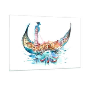 Glasbild - Bild auf glas - Aquarellpanorama von Venedig in Form einer Maske - 120x80cm - Wir segeln durch die Stadt - Moderne Wanddekoration für Wohnzimmer und Schlafzimmer ARTTOR