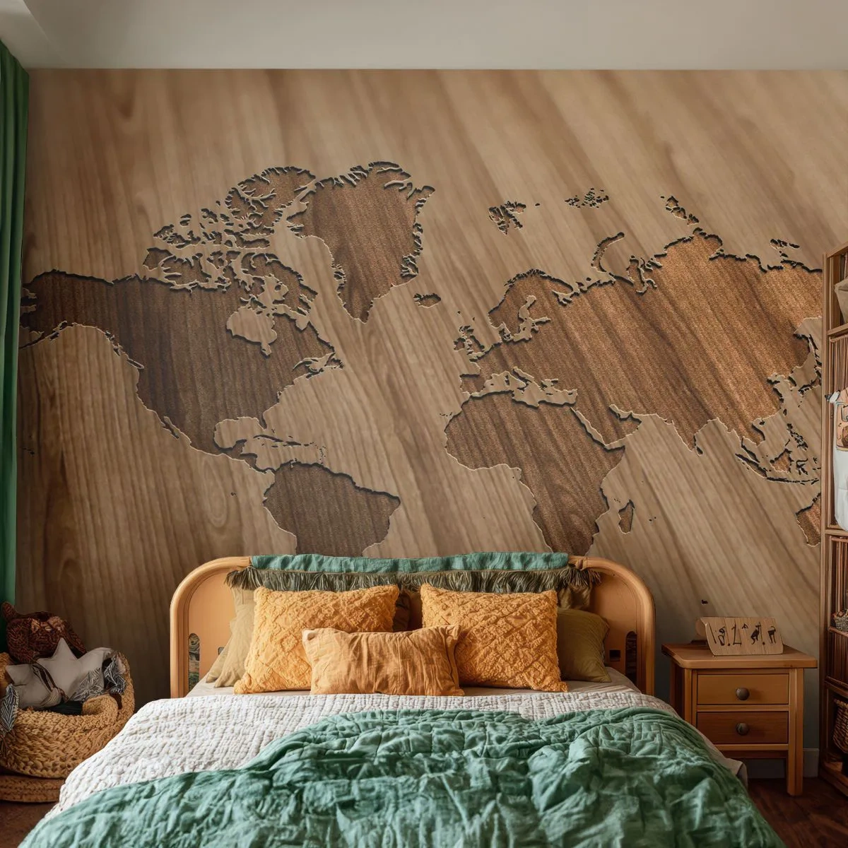 Fototapete Premium Sand - Weltkarte in Holz graviert - 100x70cm - Die Welt liegt auf dem Tisch - Moderne Wanddekoration für Wohnzimmer und Schlafzimmer ARTTOR
