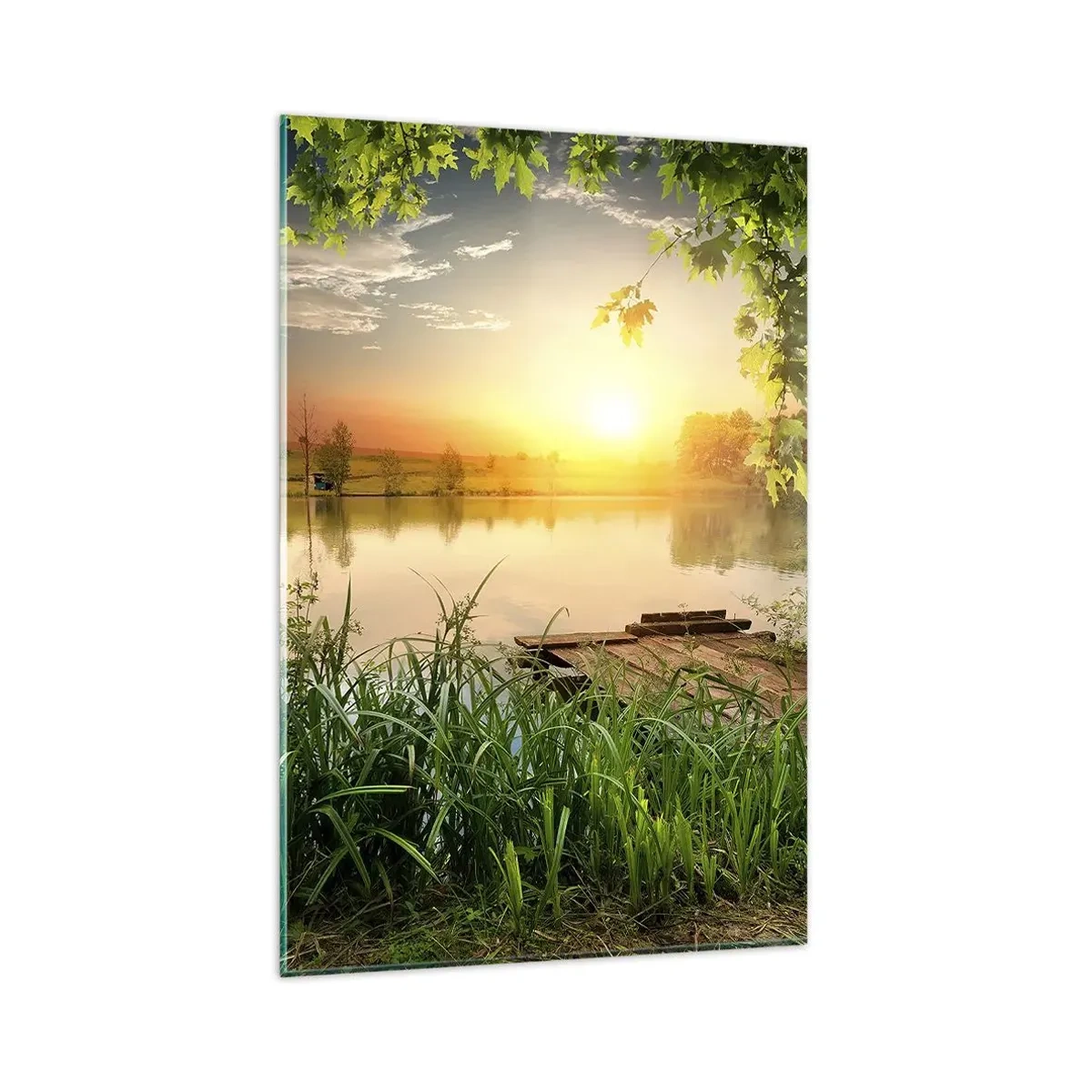 Glasbild - Bild auf glas - Grüne Landschaft mit einem See bei Sonnenuntergang - 80x120cm - Landschaft in einem grünen Rahmen - Moderne Wanddekoration für Wohnzimmer und Schlafzimmer ARTTOR
