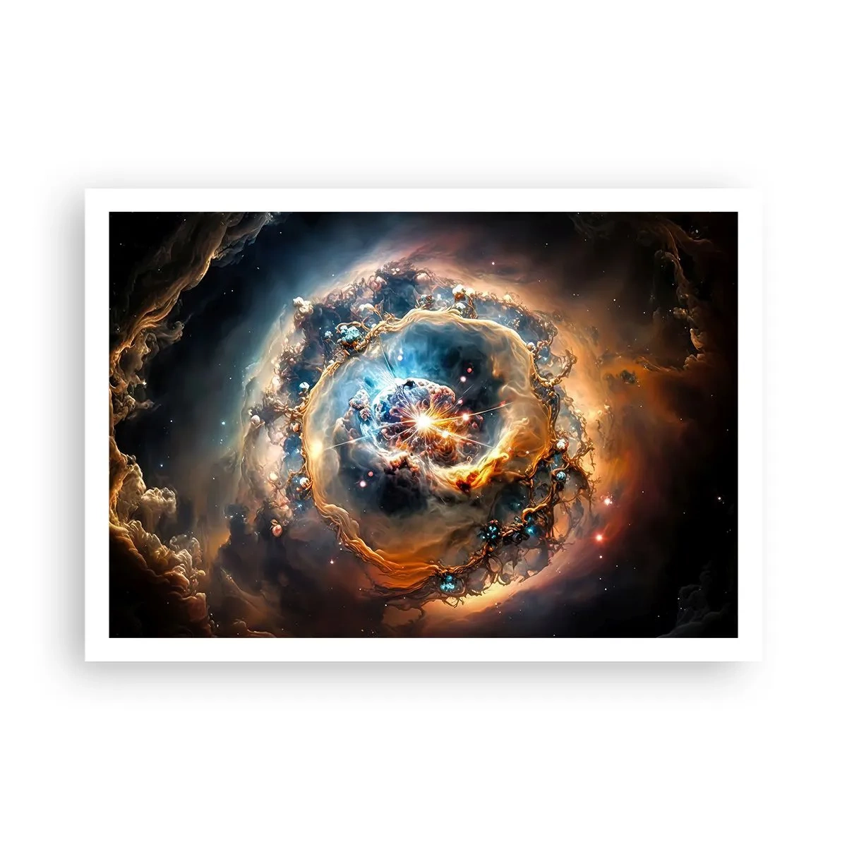 Poster - Eine abstrakte Vision einer kosmischen Explosion in Gold- und Blautönen. - 100x70cm - Anfang - Moderne Wanddekoration für Wohnzimmer und Schlafzimmer ARTTOR