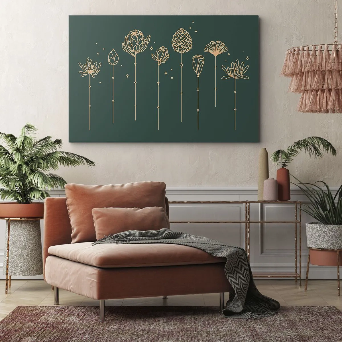 Bild auf Leinwand - Leinwandbild - Goldene Zeichnungen von Kräutern auf dunkelgrünem Hintergrund - 70x50cm - Familie ZIÓŁkowski - Moderne Wanddekoration für Wohnzimmer und Schlafzimmer ARTTOR