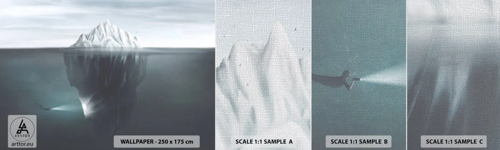 Fototapeten Muster Premium Canvas - Unterwassergeheimnis - Eisberg, Gletscher, Taucher - 100x30 cm