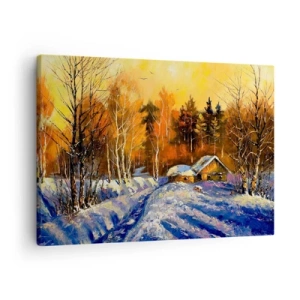 Bild auf Leinwand - Leinwandbild - Winterlandschaft mit einem Haus im Licht der untergehenden Sonne - 70x50cm - Wintereindruck in der Sonne - Moderne Wanddekoration für Wohnzimmer und Schlafzimmer ARTTOR