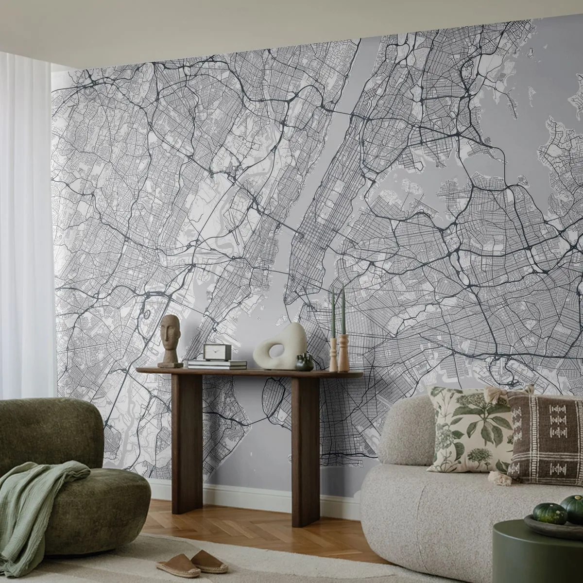 Fototapete Premium Sand - Ein minimalistischer Stadtplan mit dichtem Straßenraster - 100x70cm - Die Anatomie einer Metropole - Moderne Wanddekoration für Wohnzimmer und Schlafzimmer ARTTOR