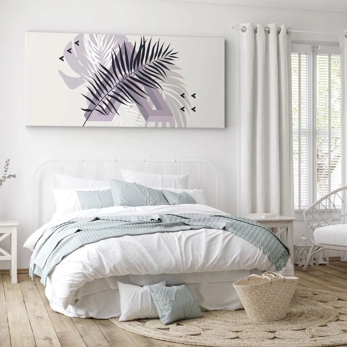 Bild auf Leinwand - Leinwandbild - Eine minimalistische Komposition mit Blättern und geometrischen Formen - 140x50cm - Der Schatten des Schattens - Moderne Wanddekoration für Wohnzimmer und Schlafzimmer ARTTOR