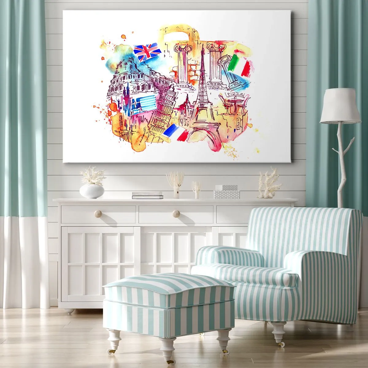 Bild auf Leinwand - Leinwandbild - Aquarell europäischer Symbole mit Länderflaggen - 70x50cm - Europa Tour - Moderne Wanddekoration für Wohnzimmer und Schlafzimmer ARTTOR