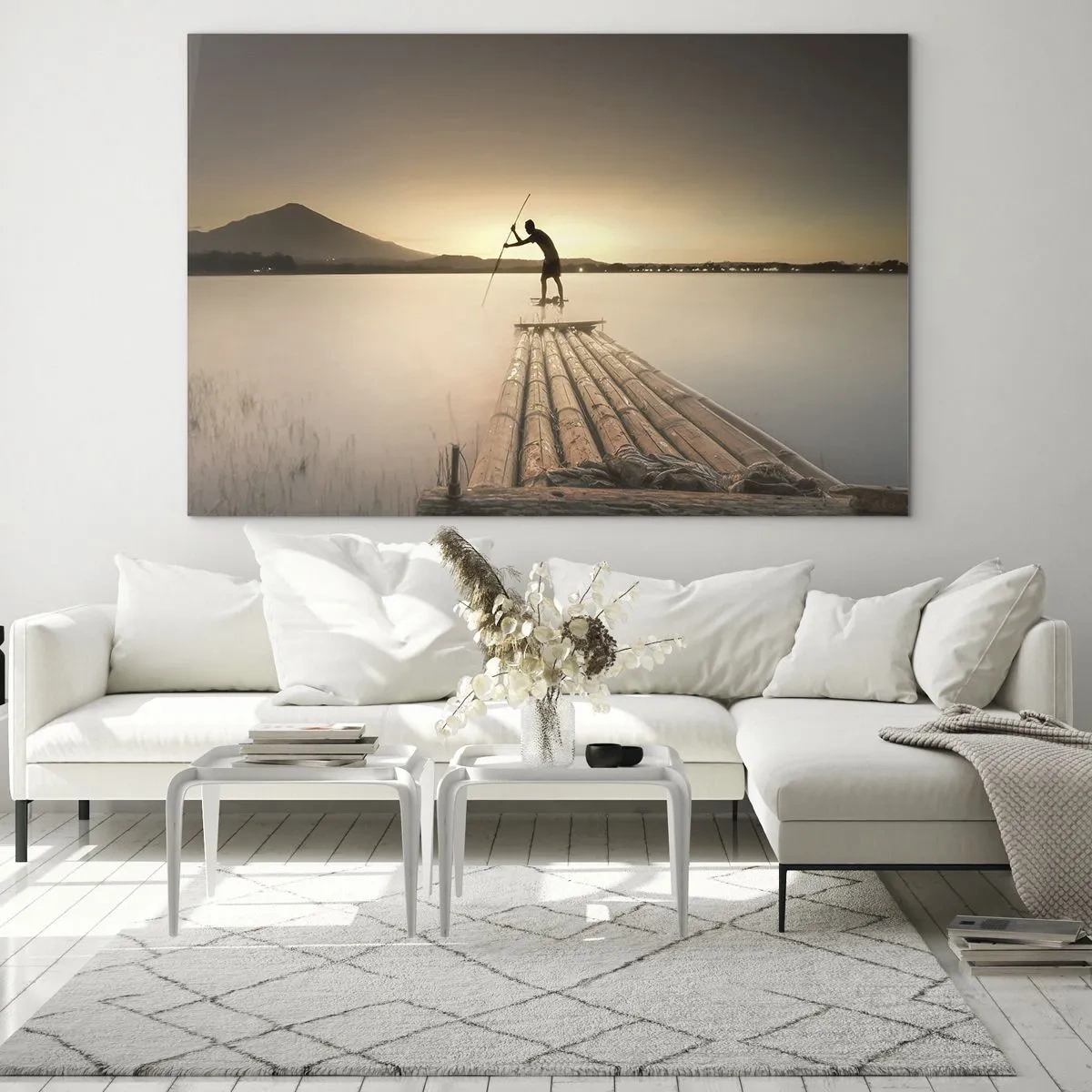 Glasbild - Bild auf glas - Ein Fischer auf einem Bambusfloß in der Abenddämmerung - 70x50cm - Vor dem schlafen gehen - Moderne Wanddekoration für Wohnzimmer und Schlafzimmer ARTTOR